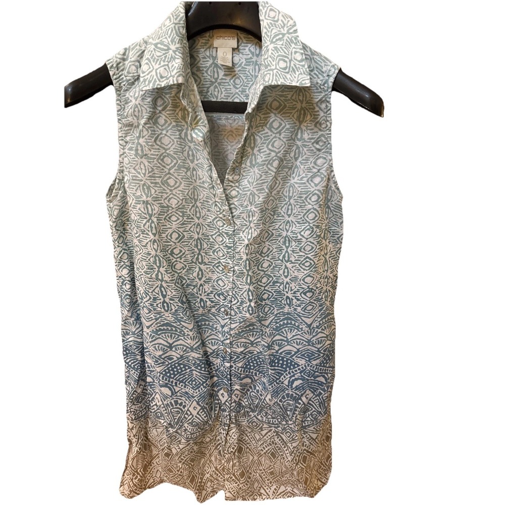 CHICOS Long Blouse Womens 0 Ombre 100% Linen Button Up Coastal Boho Artsy Pool